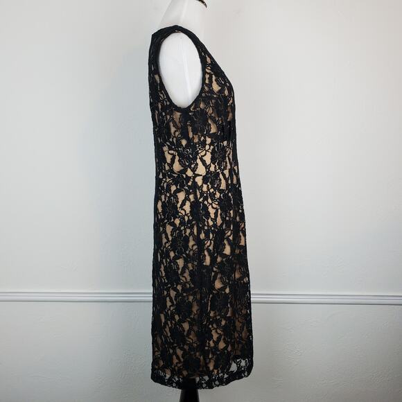 Newport News Dress Floral Lace Mesh Midi Cocktail Formal Romantic Black Cream - Picture 8 of 13